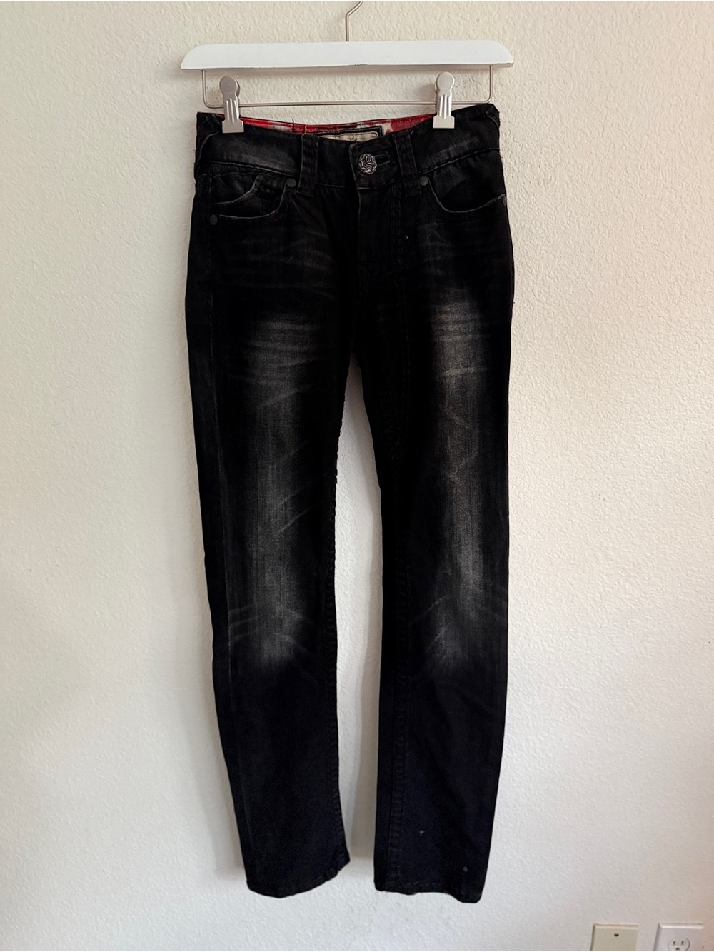 Remetee jeans size 24 black Our lady of Guadalupe leather patch Y2K affliction